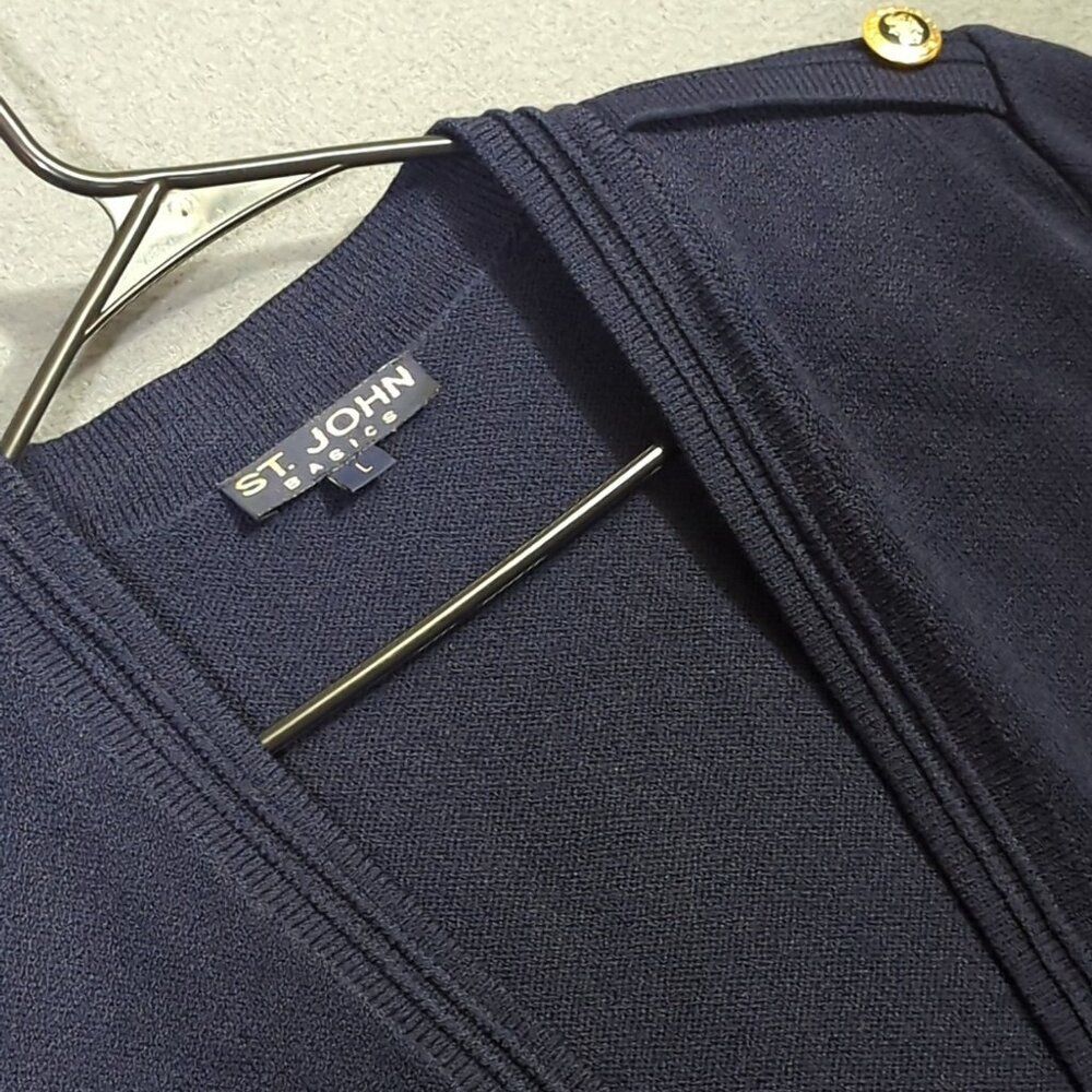 St. John Cardigan Women's L Blue Santana Knit Nautical Golden Buttons Epaulettes